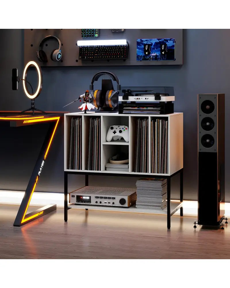 Record Player Stand with Charging Station and Metal Frame-White - White - End & Side Tables