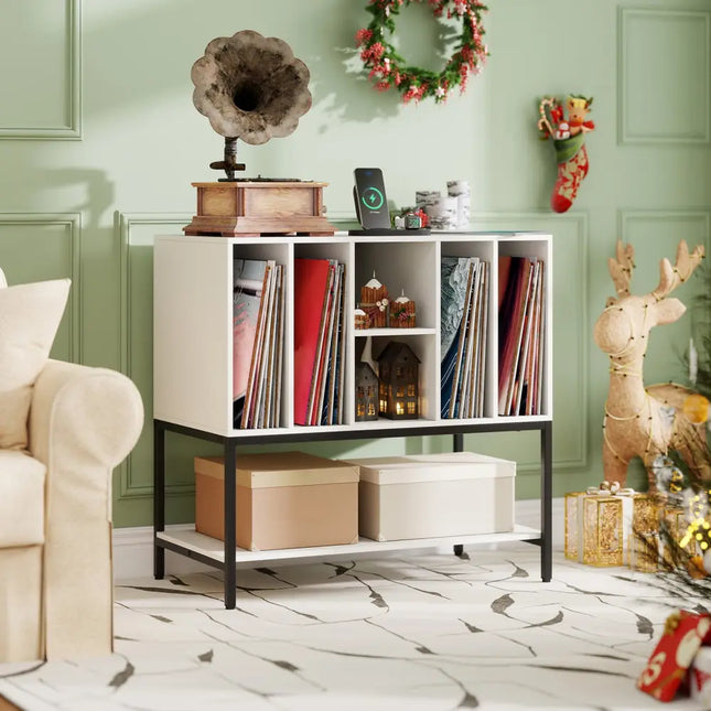 Record Player Stand with Charging Station and Metal Frame-White - White - End & Side Tables