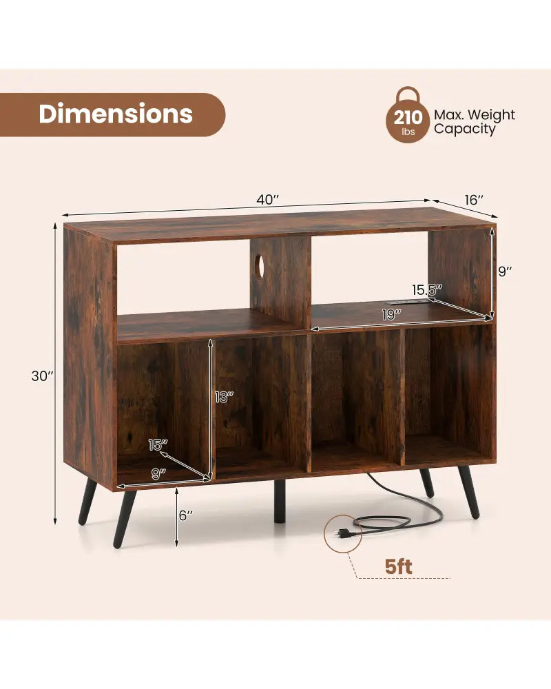 Record Player Stand with Charging Station and Open Shelves-Rustic Brown - Rustic Brown - End & Side Tables