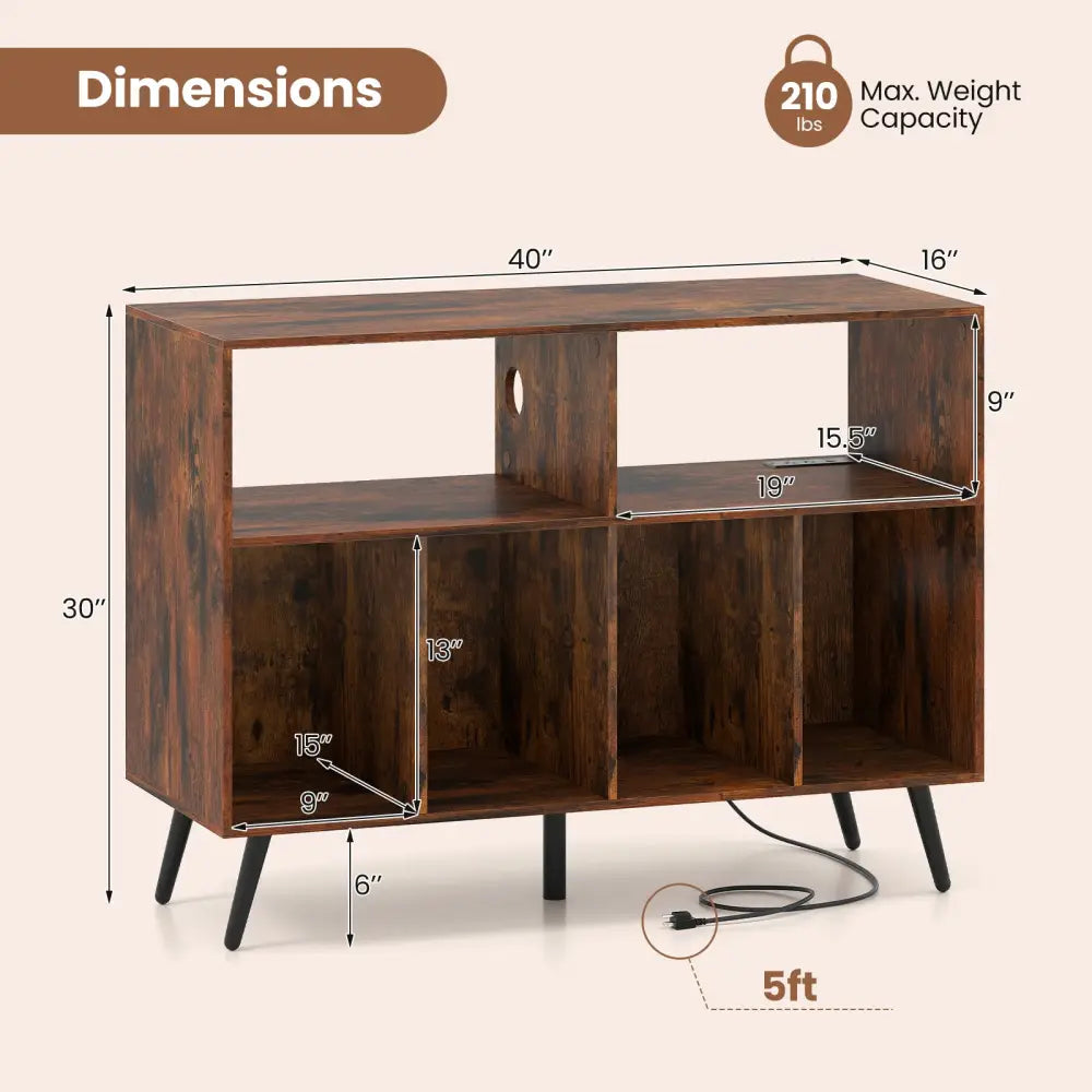 Record Player Stand with Charging Station and Open Shelves-Rustic Brown - Rustic Brown - End & Side Tables