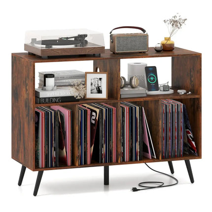 Record Player Stand with Charging Station and Open Shelves-Rustic Brown - Rustic Brown - End & Side Tables