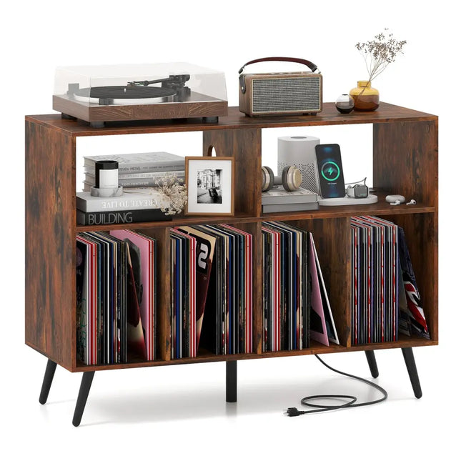 Record Player Stand with Charging Station and Open Shelves-Rustic Brown - Rustic Brown - End & Side Tables