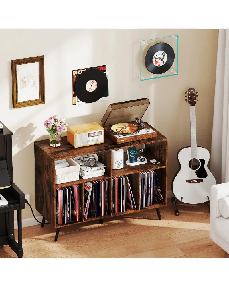 Record Player Stand with Charging Station and Open Shelves-Rustic Brown - Rustic Brown - End & Side Tables