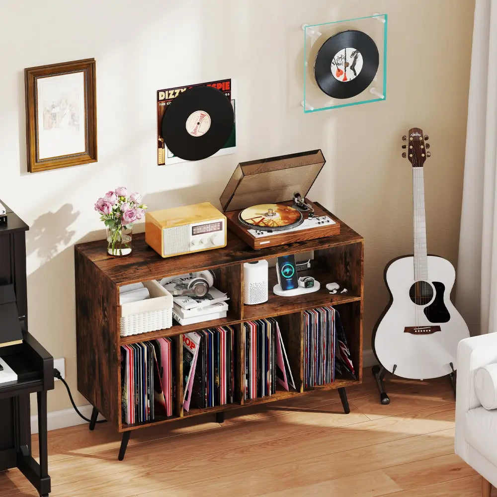 Record Player Stand with Charging Station and Open Shelves-Rustic Brown - Rustic Brown - End & Side Tables