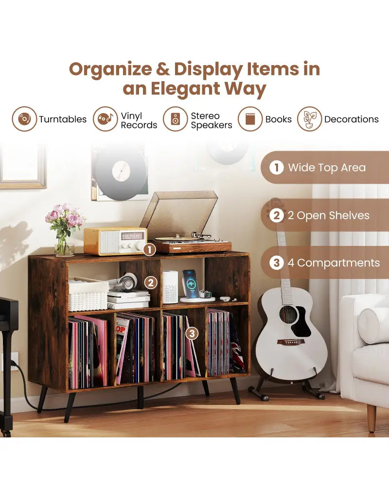 Record Player Stand with Charging Station and Open Shelves-Rustic Brown - Rustic Brown - End & Side Tables