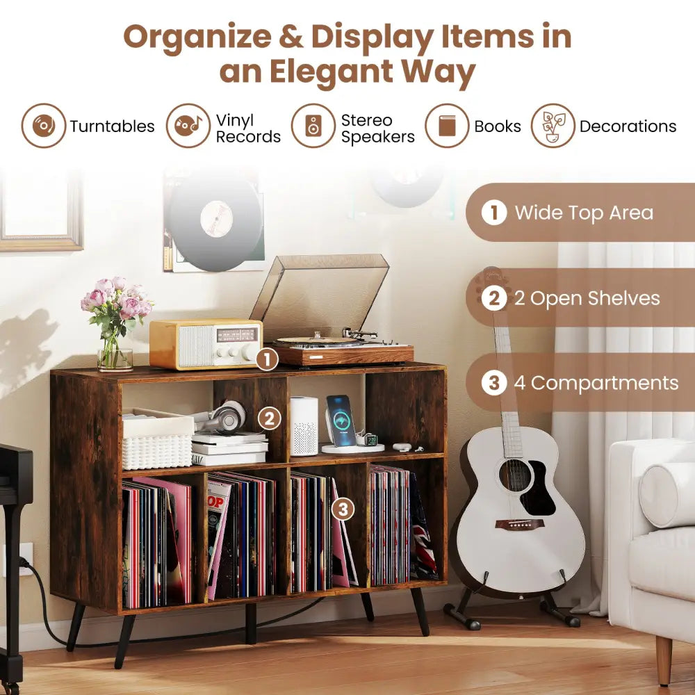 Record Player Stand with Charging Station and Open Shelves-Rustic Brown - Rustic Brown - End & Side Tables
