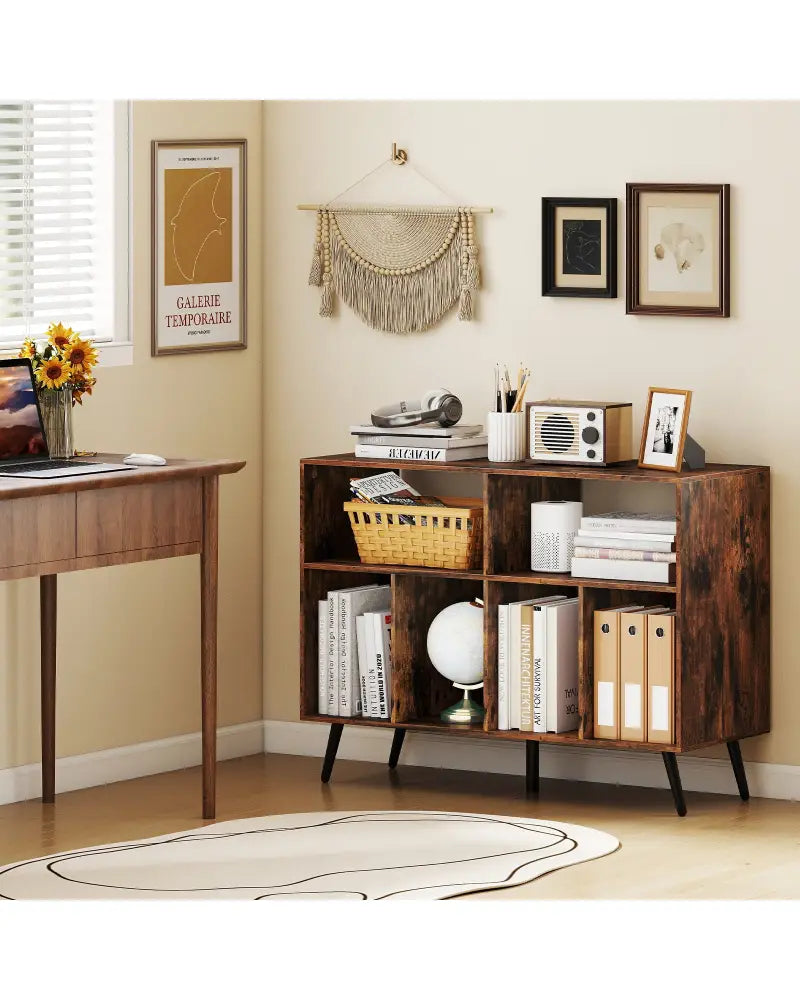 Record Player Stand with Charging Station and Open Shelves-Rustic Brown - Rustic Brown - End & Side Tables