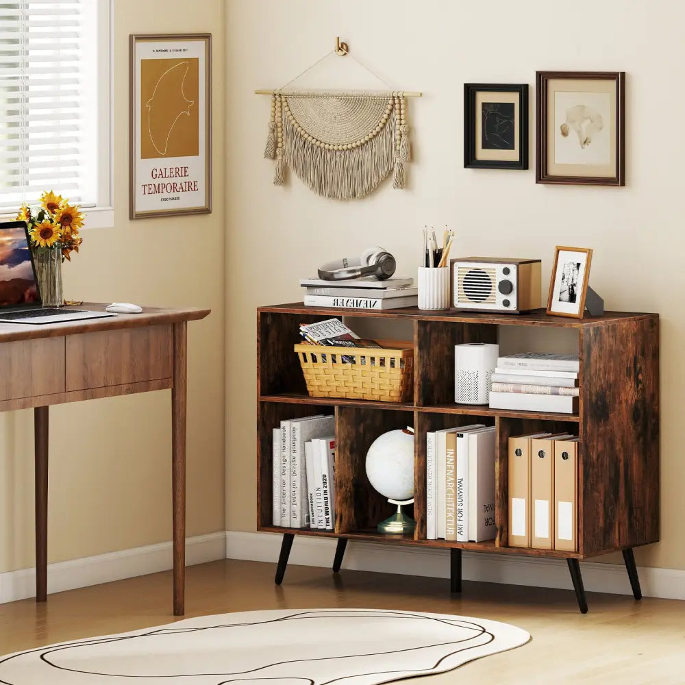Record Player Stand with Charging Station and Open Shelves-Rustic Brown - Rustic Brown - End & Side Tables