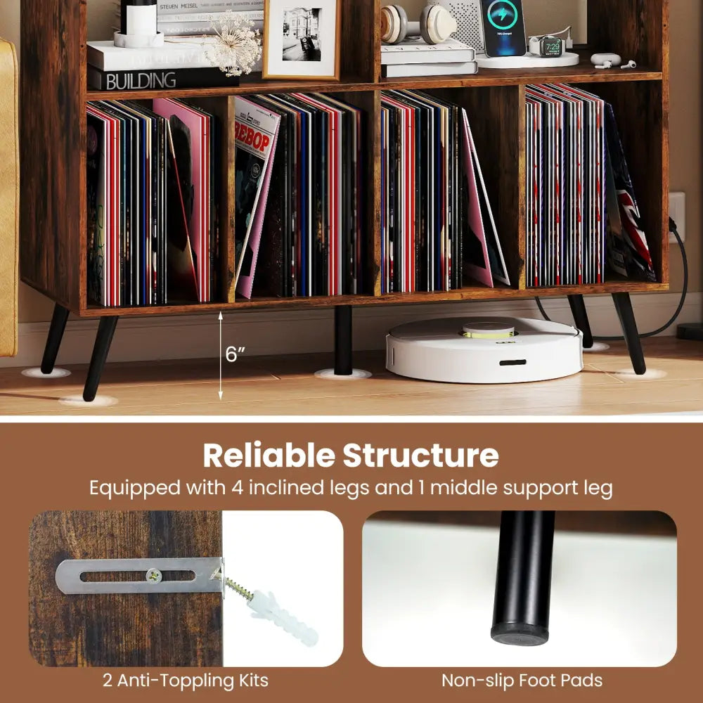 Record Player Stand with Charging Station and Open Shelves-Rustic Brown - Rustic Brown - End & Side Tables