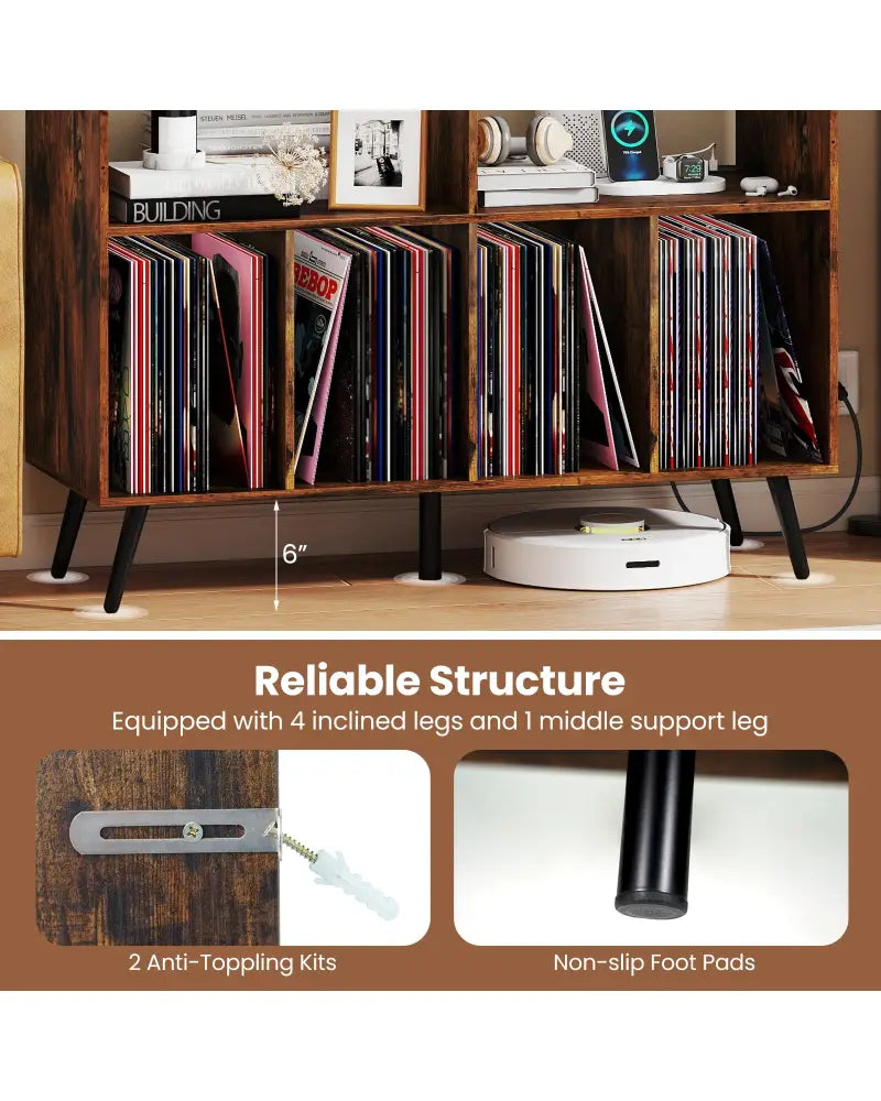 Record Player Stand with Charging Station and Open Shelves-Rustic Brown - Rustic Brown - End & Side Tables