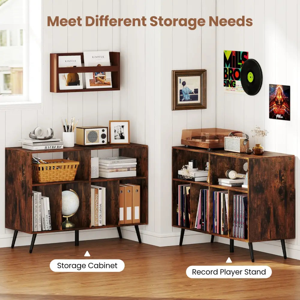 Record Player Stand with Charging Station and Open Shelves-Rustic Brown - Rustic Brown - End & Side Tables