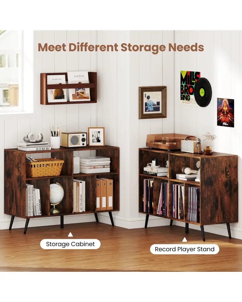 Record Player Stand with Charging Station and Open Shelves-Rustic Brown - Rustic Brown - End & Side Tables