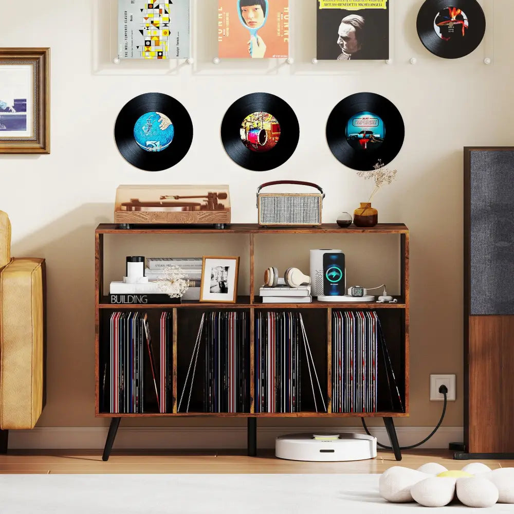 Record Player Stand with Charging Station and Open Shelves-Rustic Brown - Rustic Brown - End & Side Tables