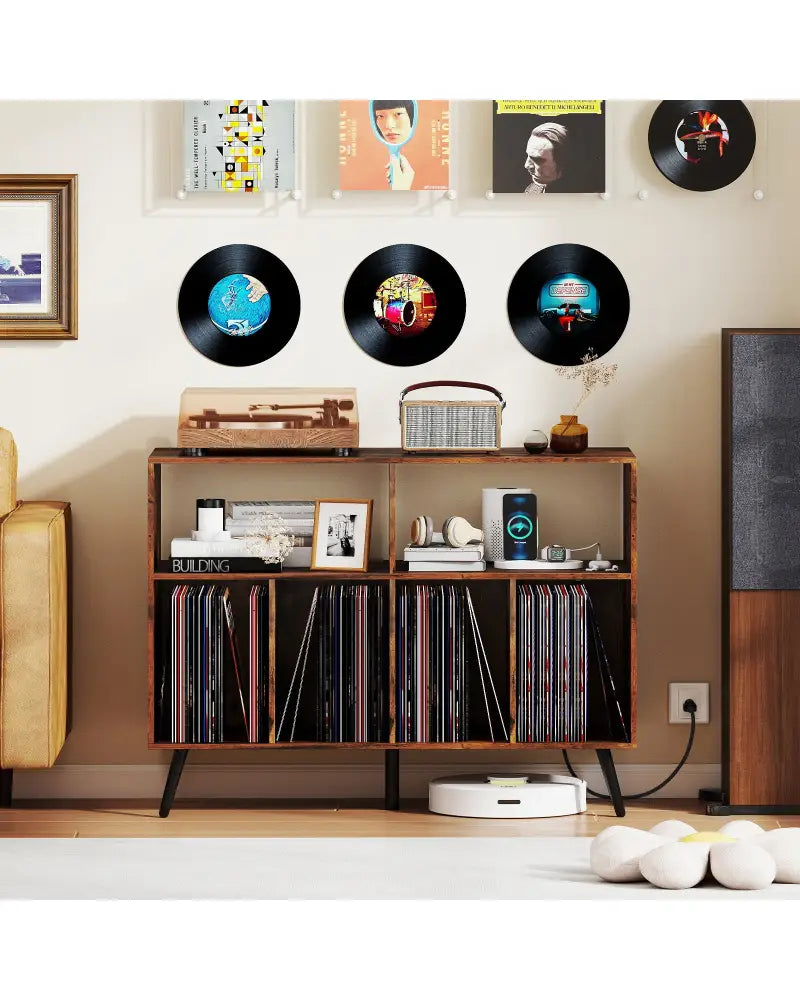 Record Player Stand with Charging Station and Open Shelves-Rustic Brown - Rustic Brown - End & Side Tables