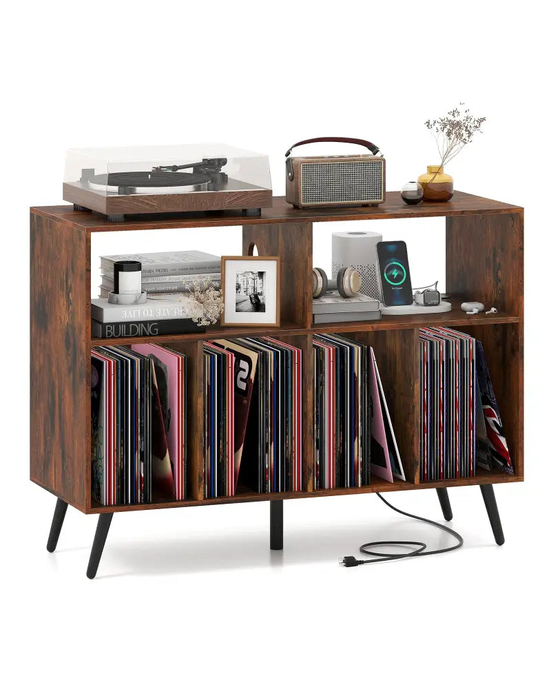 Record Player Stand with Charging Station and Open Shelves-Rustic Brown - Rustic Brown - End & Side Tables