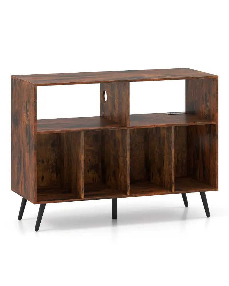 Record Player Stand with Charging Station and Open Shelves-Rustic Brown - Rustic Brown - End & Side Tables