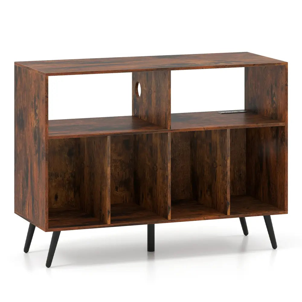 Record Player Stand with Charging Station and Open Shelves-Rustic Brown - Rustic Brown - End & Side Tables