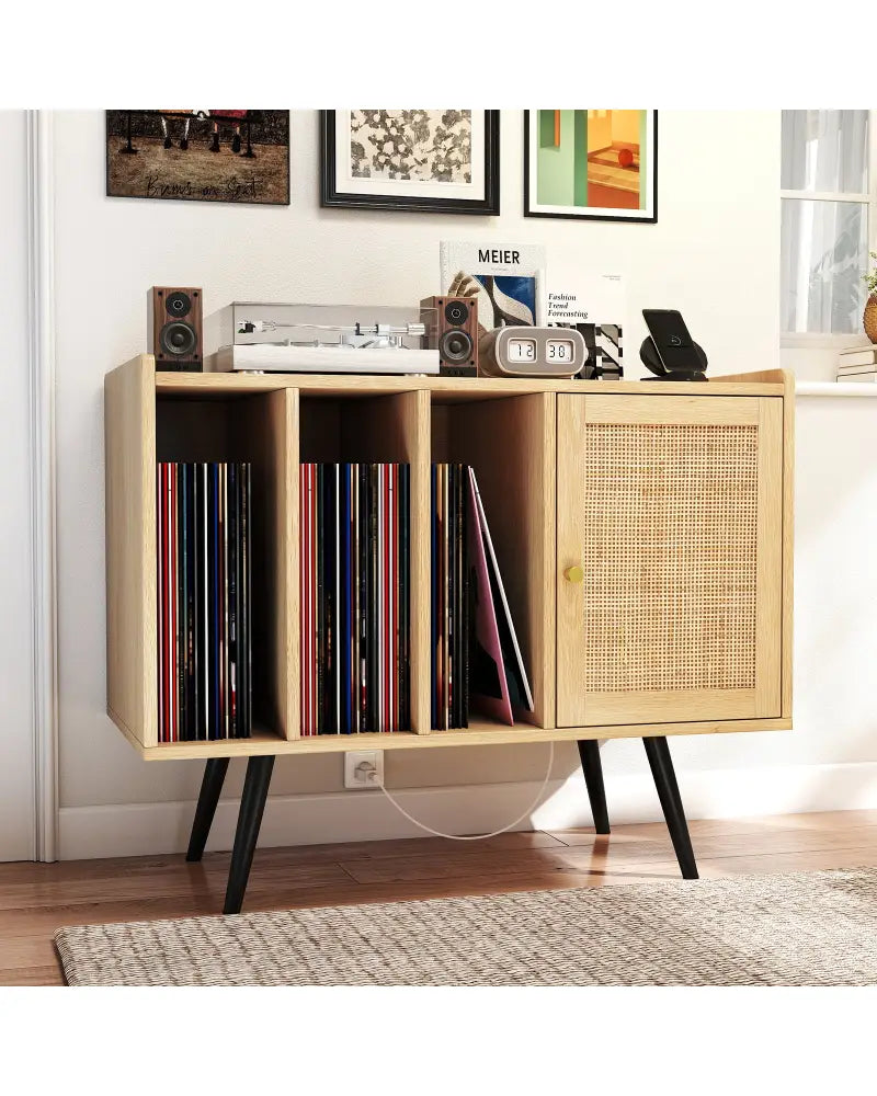 Record Player Stand with Charging Station and Rattan Cabinet for Living Room-Natural - Natural - End & Side Tables