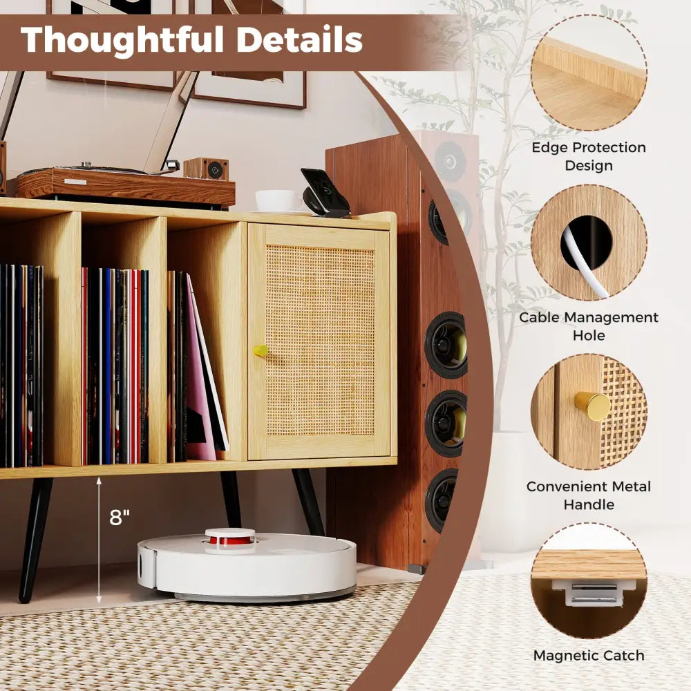 Record Player Stand with Charging Station and Rattan Cabinet for Living Room-Natural - Natural - End & Side Tables