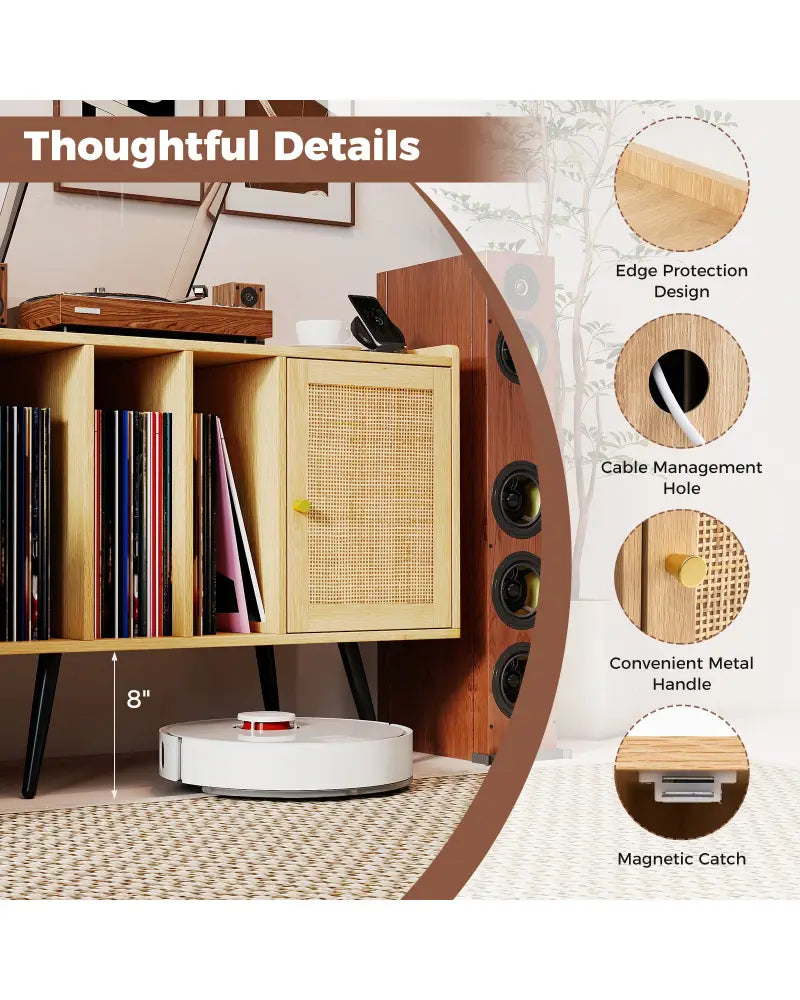 Record Player Stand with Charging Station and Rattan Cabinet for Living Room-Natural - Natural - End & Side Tables