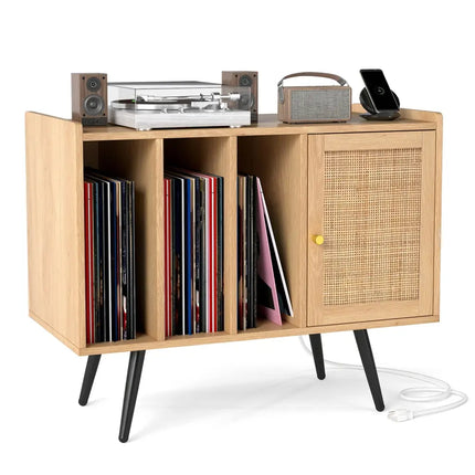 Record Player Stand with Charging Station and Rattan Cabinet for Living Room-Natural - Natural - End & Side Tables