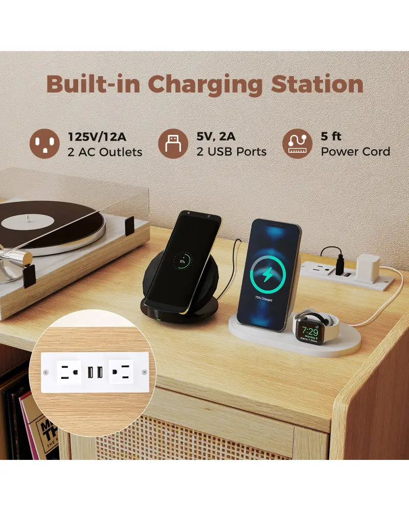 Record Player Stand with Charging Station and Rattan Cabinet for Living Room-Natural - Natural - End & Side Tables
