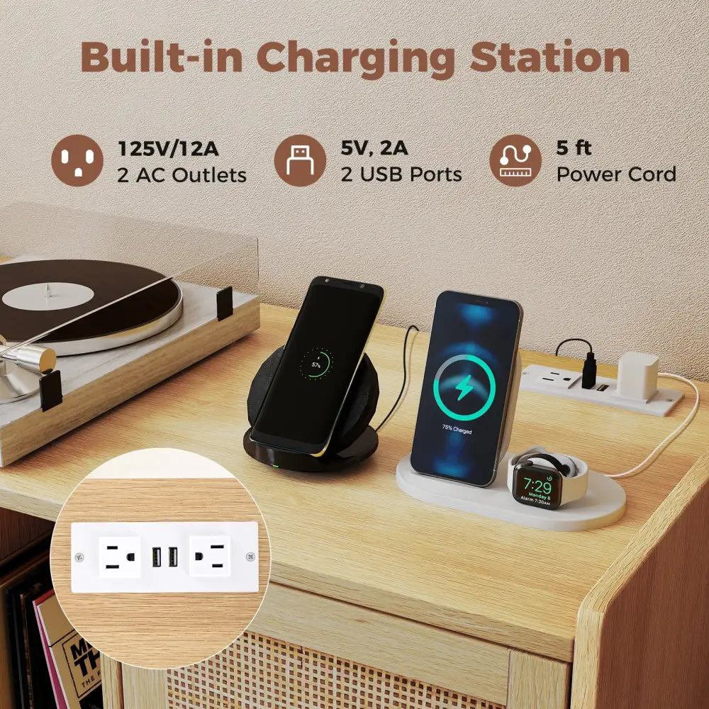 Record Player Stand with Charging Station and Rattan Cabinet for Living Room-Natural - Natural - End & Side Tables