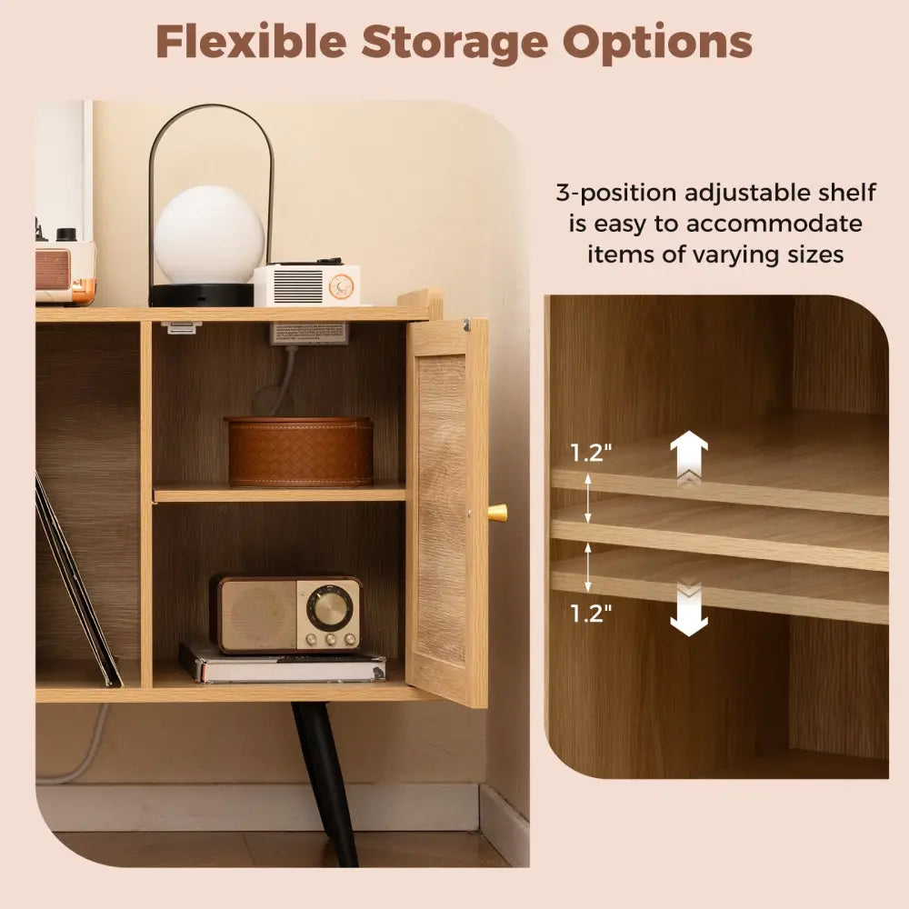 Record Player Stand with Charging Station and Rattan Cabinet for Living Room-Natural - Natural - End & Side Tables