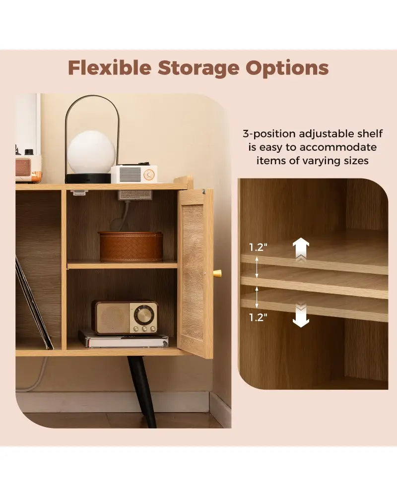 Record Player Stand with Charging Station and Rattan Cabinet for Living Room-Natural - Natural - End & Side Tables