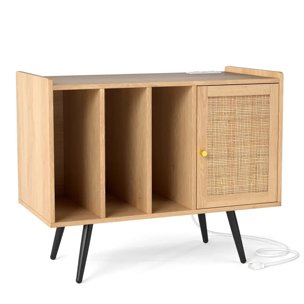 Record Player Stand with Charging Station and Rattan Cabinet for Living Room-Natural - Natural - End & Side Tables