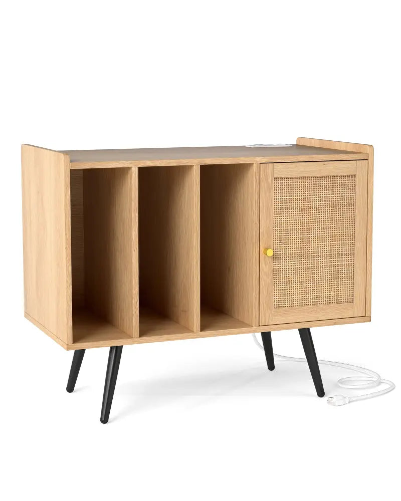 Record Player Stand with Charging Station and Rattan Cabinet for Living Room-Natural - Natural - End & Side Tables