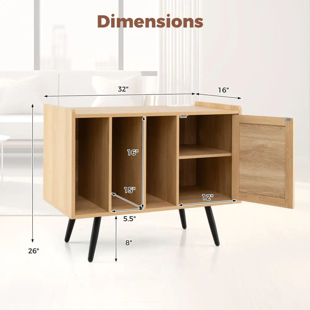 Record Player Stand with Charging Station and Rattan Cabinet for Living Room-Natural - Natural - End & Side Tables