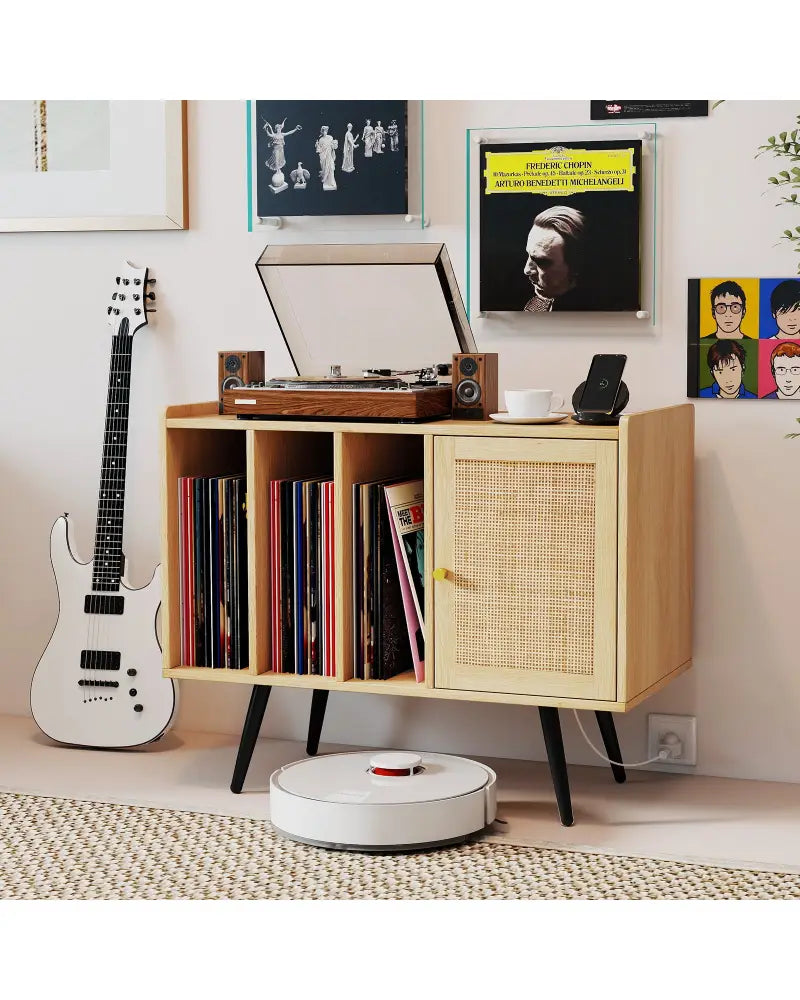 Record Player Stand with Charging Station and Rattan Cabinet for Living Room-Natural - Natural - End & Side Tables