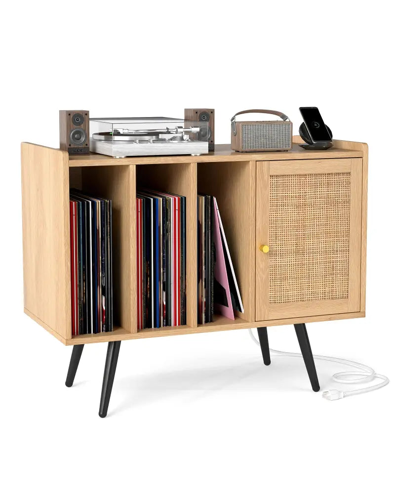 Record Player Stand with Charging Station and Rattan Cabinet for Living Room-Natural - Natural - End & Side Tables