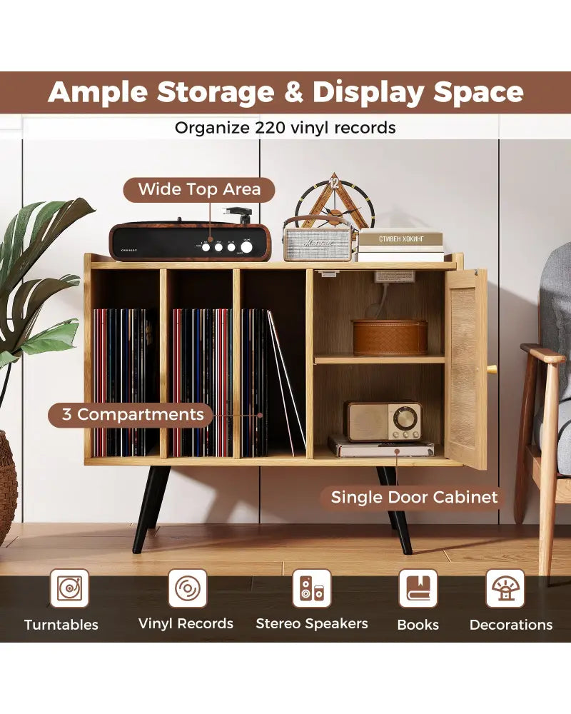 Record Player Stand with Charging Station and Rattan Cabinet for Living Room-Natural - Natural - End & Side Tables