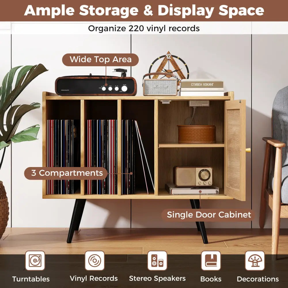 Record Player Stand with Charging Station and Rattan Cabinet for Living Room-Natural - Natural - End & Side Tables