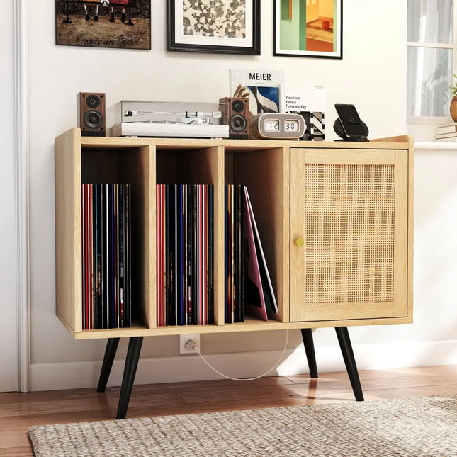Record Player Stand with Charging Station and Rattan Cabinet for Living Room-Natural - Natural - End & Side Tables