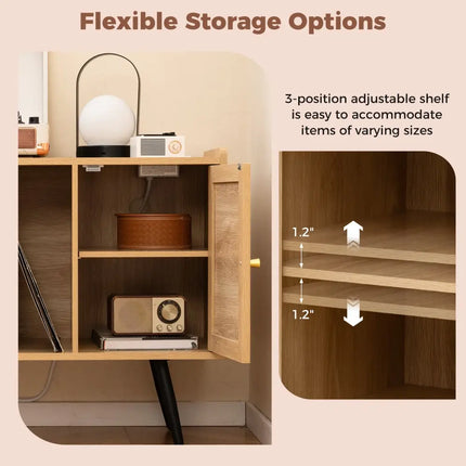 Record Player Stand with Charging Station and Rattan Cabinet for Living Room-Natural - Natural - End & Side Tables