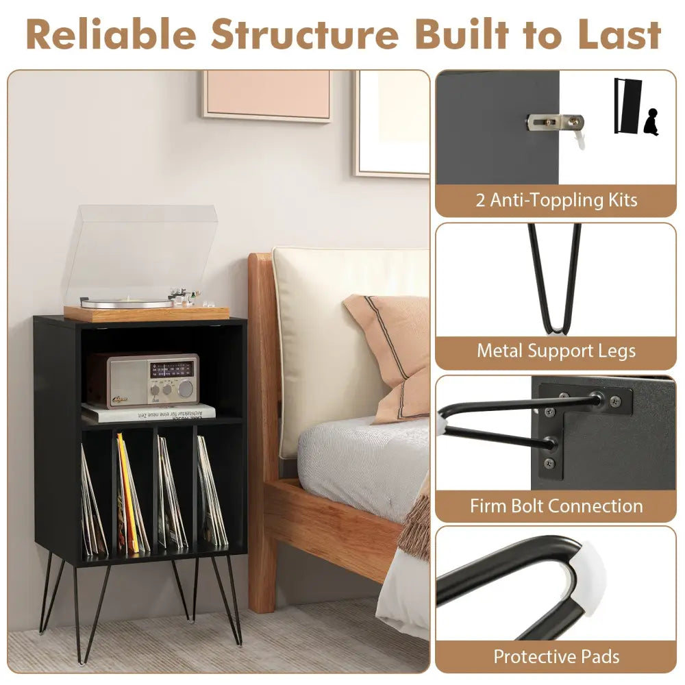 Record Player Stand with Charging Station for Living Room Bedroom-Black - Black - End & Side Tables
