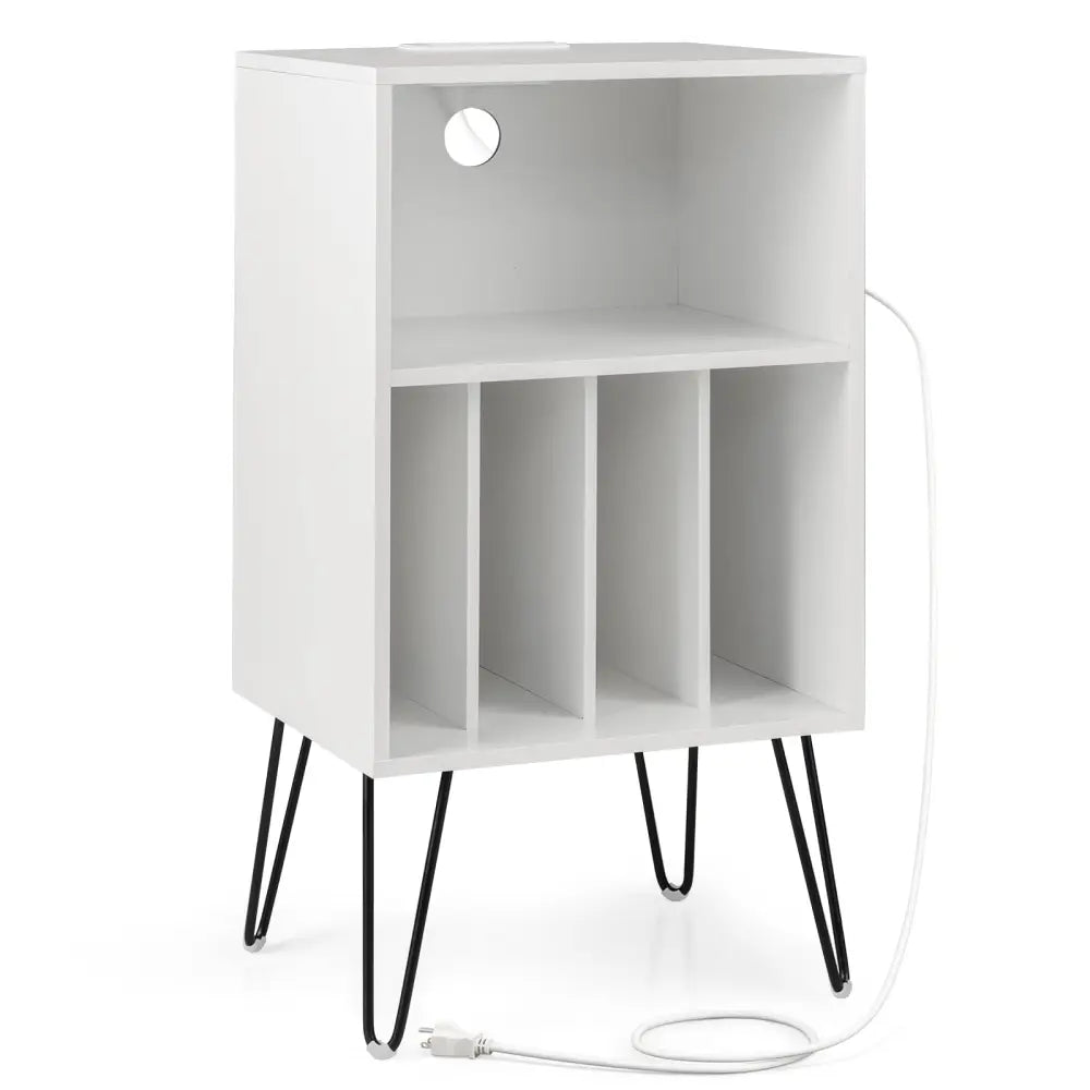 Record Player Stand with Charging Station for Living Room Bedroom-White - White - End & Side Tables