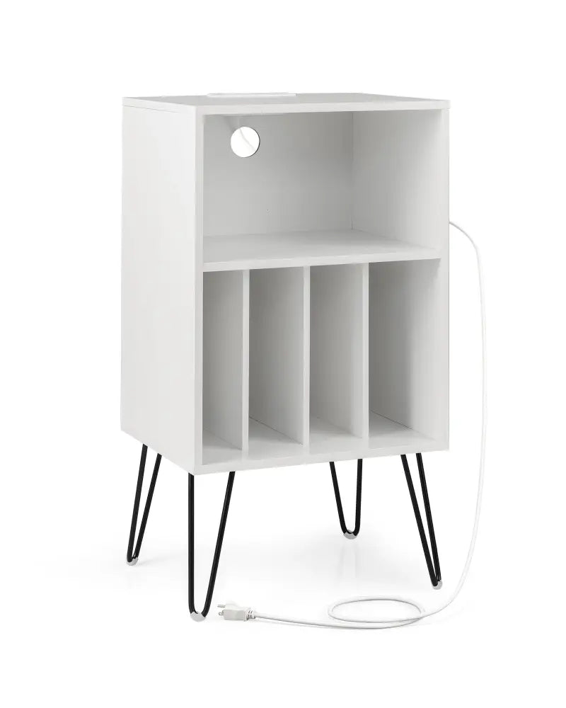 Record Player Stand with Charging Station for Living Room Bedroom-White - White - End & Side Tables