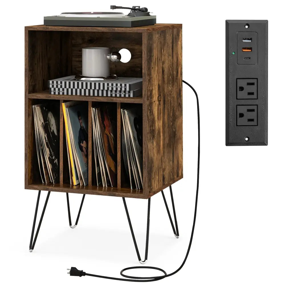 Record Player Stand with Charging Station for Living Room Bedroom-Rustic Brown - Rustic Brown - End & Side Tables