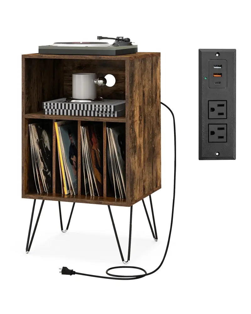 Record Player Stand with Charging Station for Living Room Bedroom-Rustic Brown - Rustic Brown - End & Side Tables