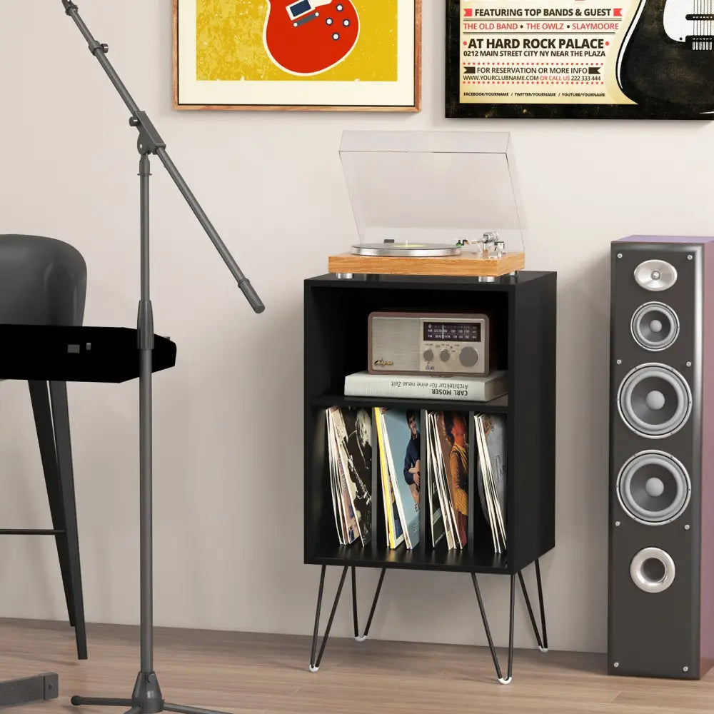Record Player Stand with Charging Station for Living Room Bedroom-Black - Black - End & Side Tables