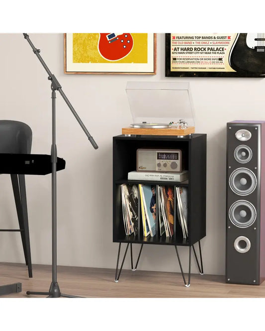 Record Player Stand with Charging Station for Living Room Bedroom-Black - Black - End & Side Tables