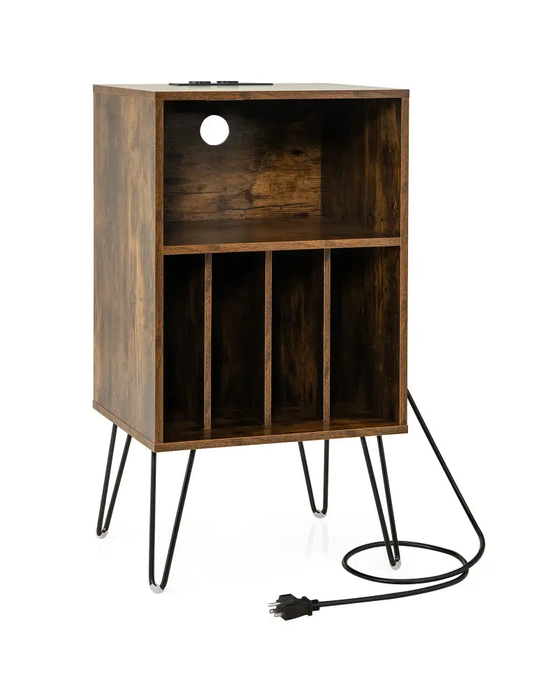 Record Player Stand with Charging Station for Living Room Bedroom-Rustic Brown - Rustic Brown - End & Side Tables