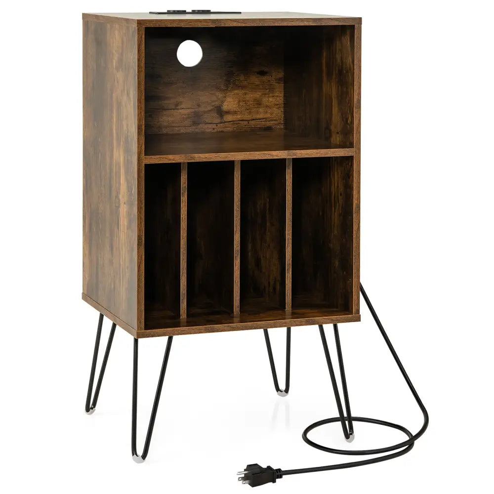 Record Player Stand with Charging Station for Living Room Bedroom-Rustic Brown - Rustic Brown - End & Side Tables