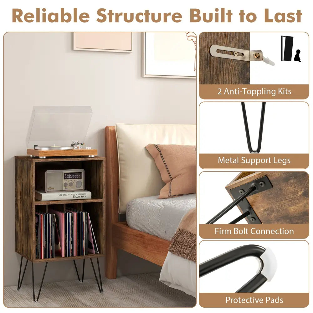 Record Player Stand with Charging Station for Living Room Bedroom-Rustic Brown - Rustic Brown - End & Side Tables