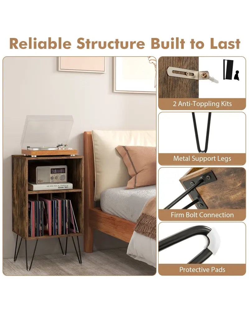Record Player Stand with Charging Station for Living Room Bedroom-Rustic Brown - Rustic Brown - End & Side Tables