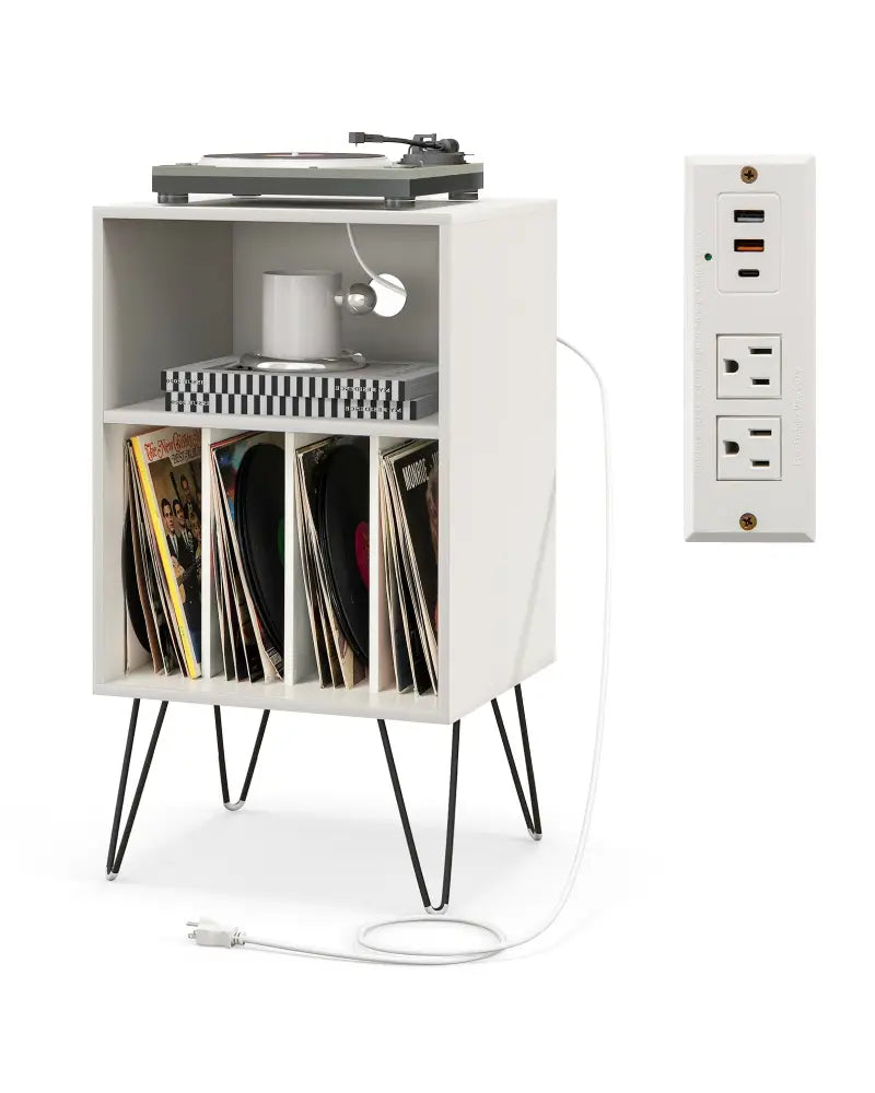 Record Player Stand with Charging Station for Living Room Bedroom-White - White - End & Side Tables